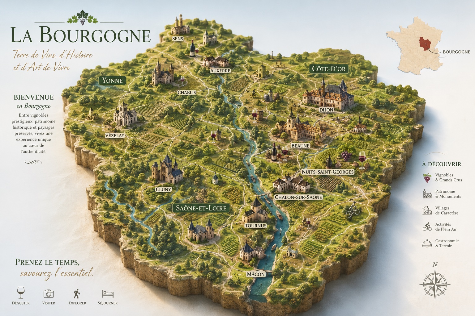 Carte illustrée de la Bourgogne — vignobles, villages, châteaux et sites à visiter