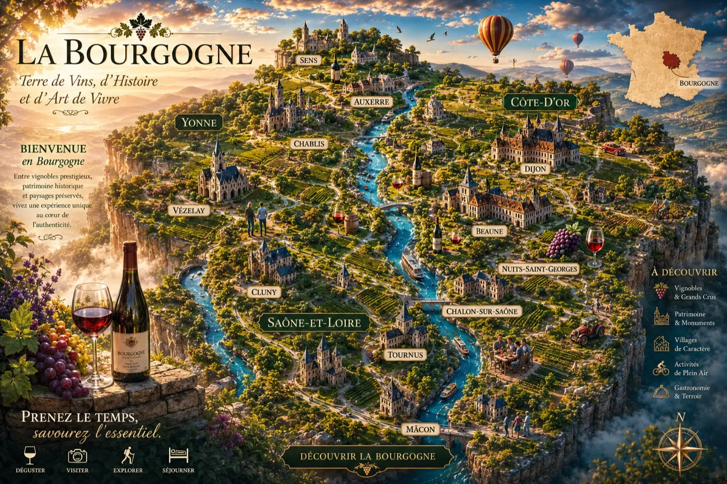 Carte illustrée de la Bourgogne : vignobles, villages, châteaux et sites à visiter